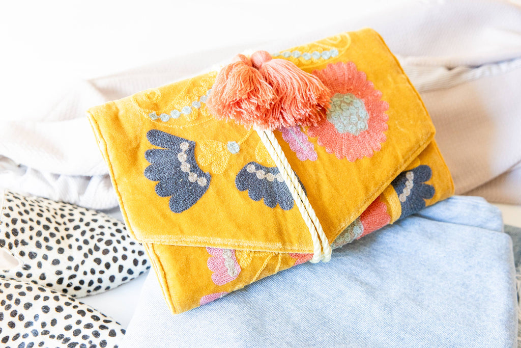 Embroidered Velvet Jewelry Organizer in Mustard