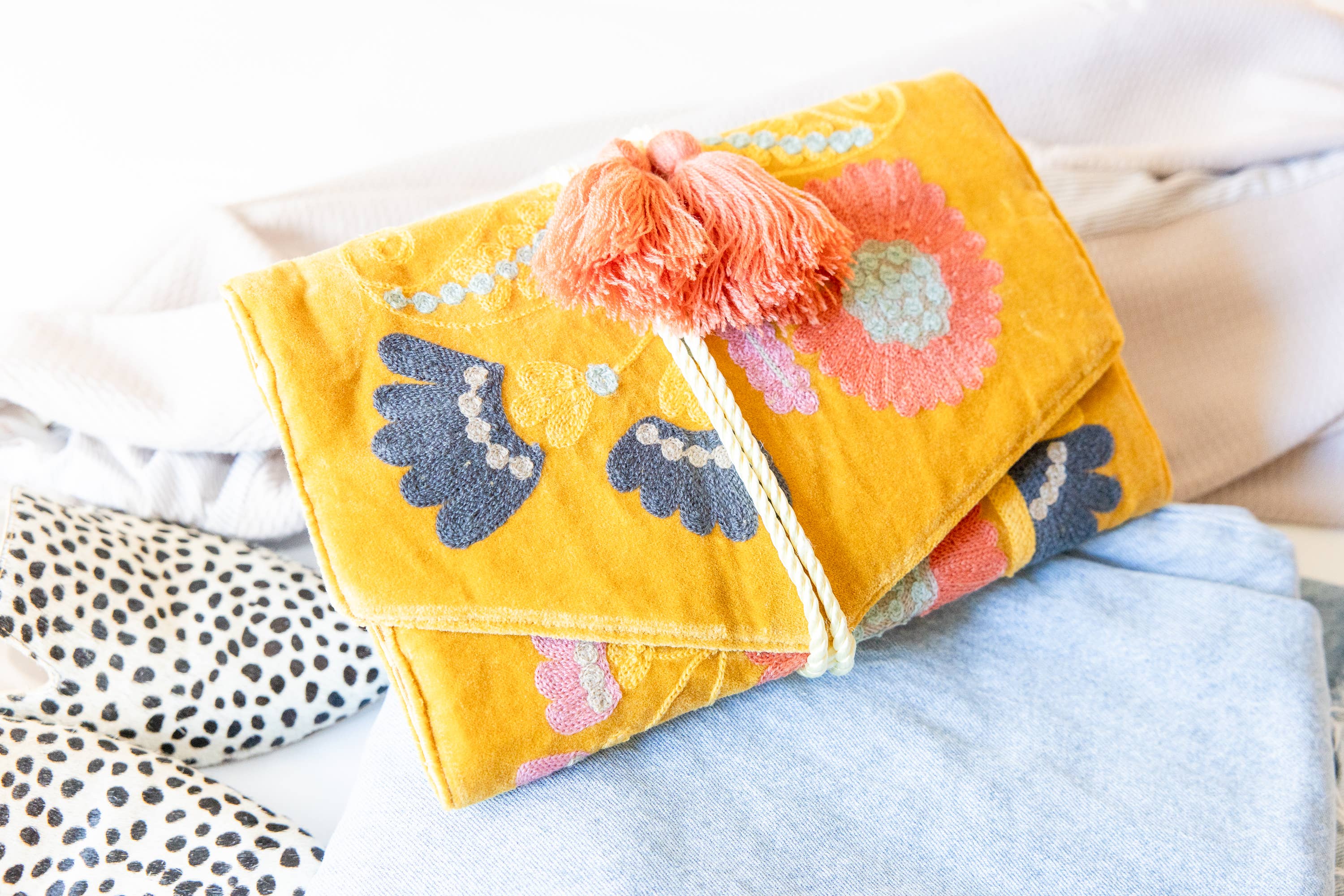 Embroidered Velvet Jewelry Organizer in Mustard