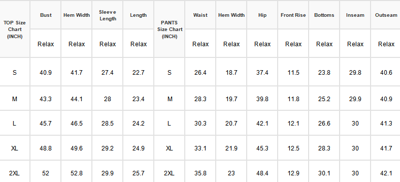 A sizing table with columns for top size, Bust, Hem Width, Sleeve Length, Length, Pants Size Chart, and various hip, front rise, bottoms, inseam, and outseam measurements, labeled as a Top Size Chart (NCH).