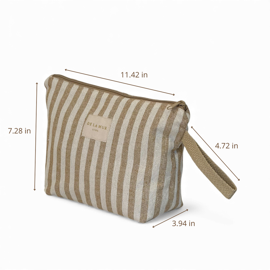 Striped Large Makeup Bag – Beige & Gold