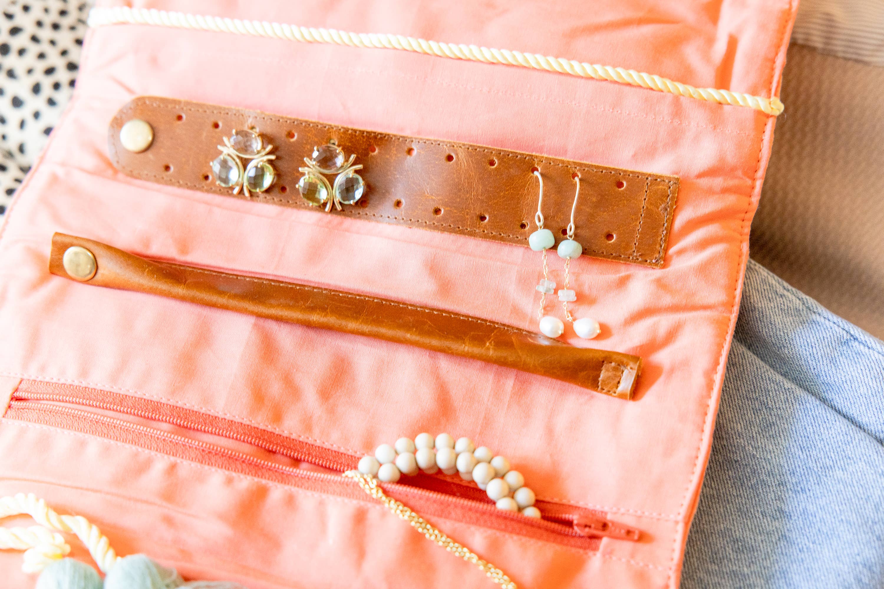 Embroidered Velvet Jewelry Organizer in Coral