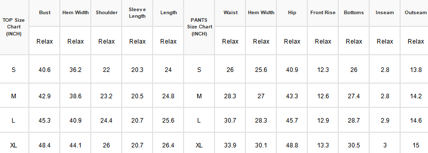 A size measurement chart with a grid showing top size, TOP size, bust, hem width, shoulder, sleeve length, length, pants size, waist, hem width, hip, front rise, bottoms, inseam, and outseam for S through XL sizes.