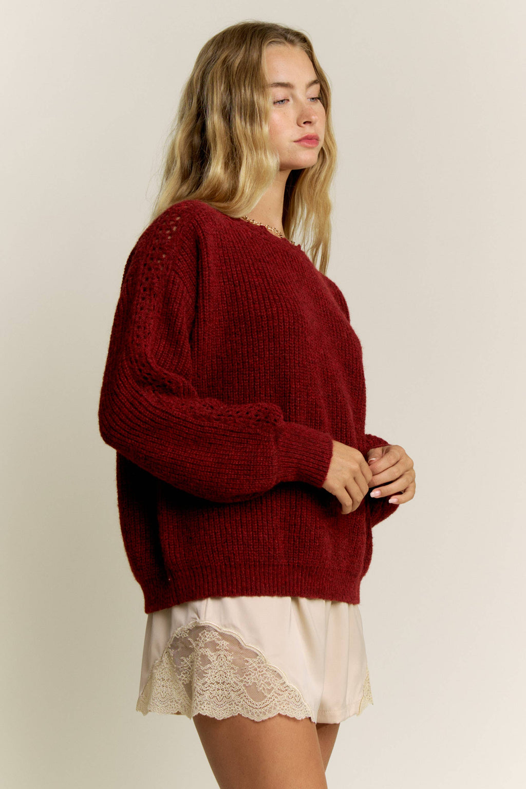 Moss green crochet sleeve pullover sweater