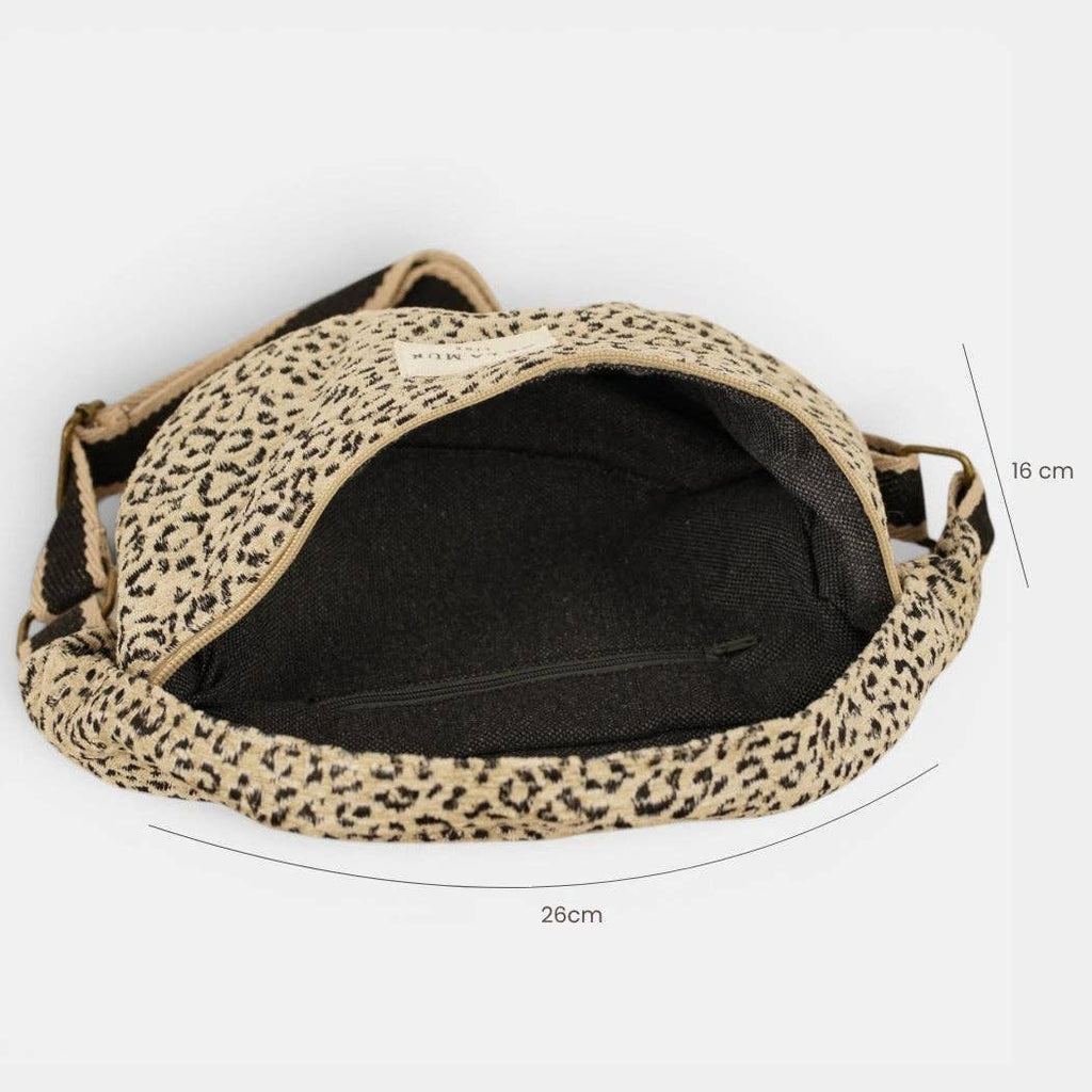 Leopard jacquard fanny pack unzipped to show the dark lining, with width and height marked