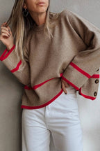 Ribbed Knit Contrast Taupe Sweater | Red Stripe Detail Button Side Sweater