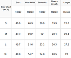 A size chart table showing measurements in inches for Bust, Hem Width, Shoulder, Sleeve Length, and Length for sizes S, M, L, and XL, with Relax fit specifications.
