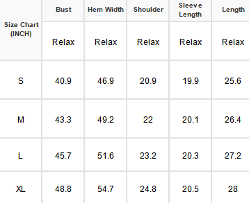 A size chart table showing measurements in inches for Bust, Hem Width, Shoulder, Sleeve Length, and Length for sizes S, M, L, and XL, with Relax fit specifications.