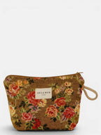 Mustard and red floral jacquard small makeup bag, front view with cord side handle