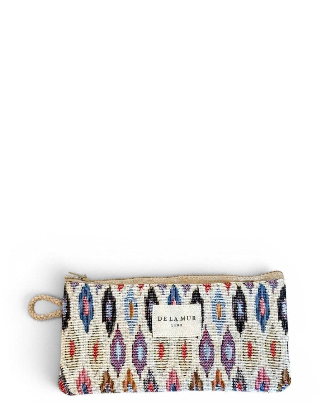 Multicolor ikat jacquard glasses case with beige trim, side view with cord side handle