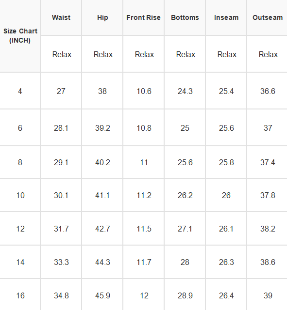 A size chart table with columns for Waist, Hip, Front Rise, Bottoms, Inseam, and Outseam in inches, labeled by sizes 4 through 16 under the heading Size Chart (INCH).