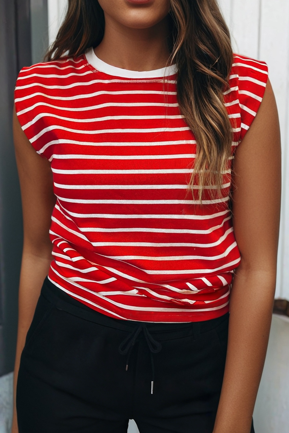 Cherry Striped Shirt | Red Ribbed Round Neck Trim Loose Top