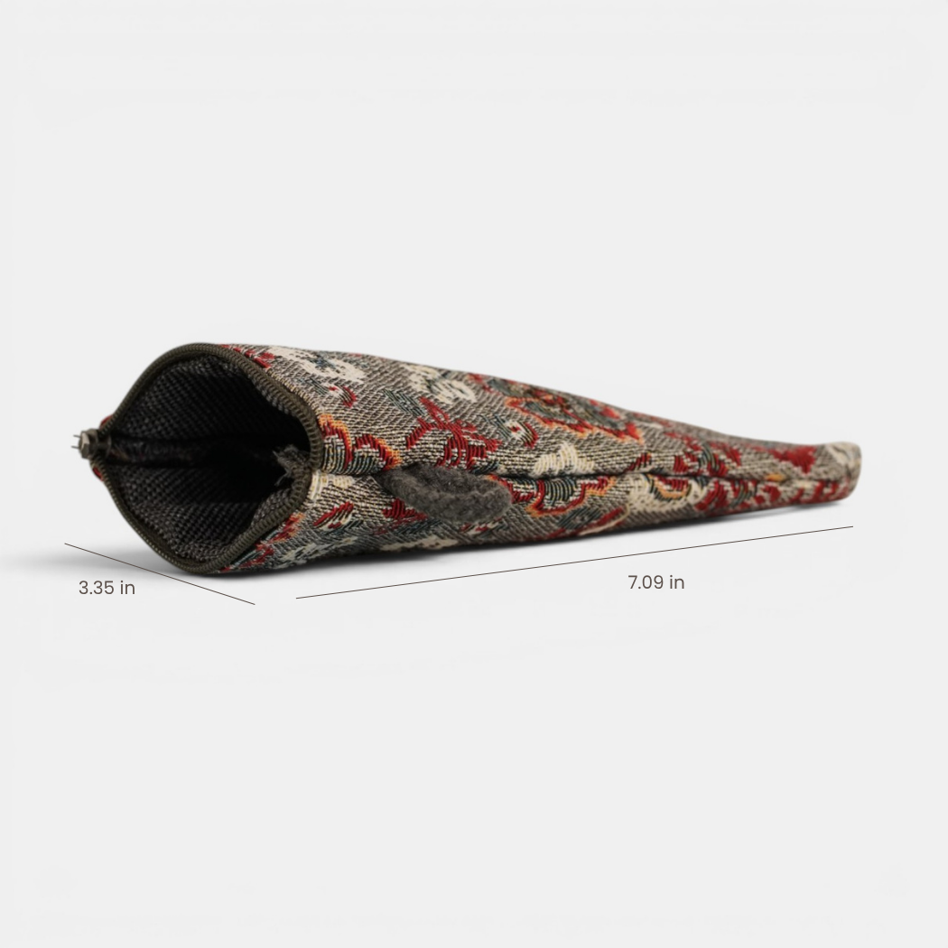 Burgundy and gray floral jacquard glasses case unzipped to show the dark lining, with width and height marked