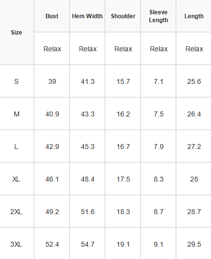 A size chart table with columns for Bust, Hem Width, Shoulder, Sleeve Length, and Length, labeled by sizes S through 3XL and marked Relax for each measurement.