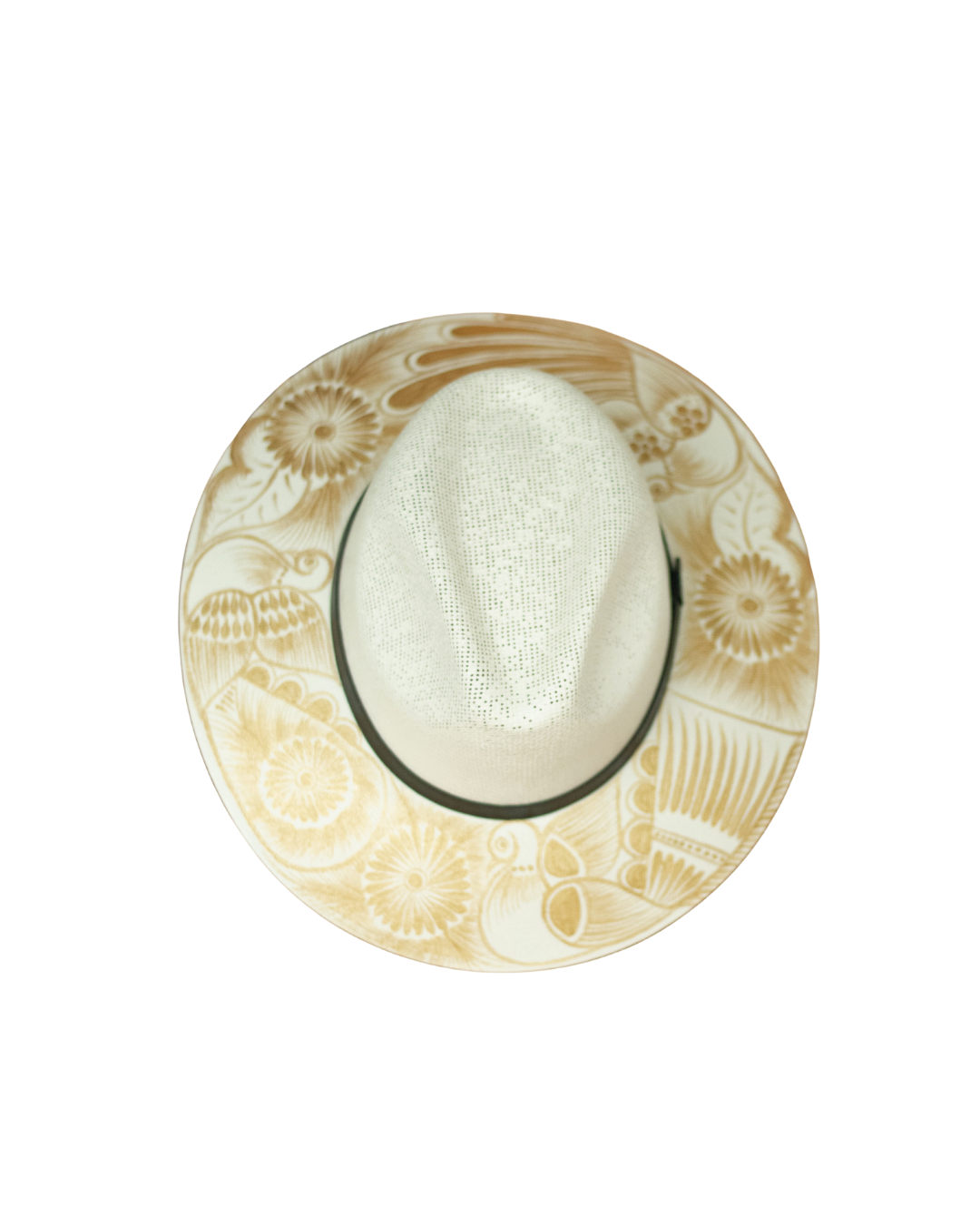 White artisan painted gold fedora hat with decorative band on a white background. Crafted in Oaxaca, Mexico.