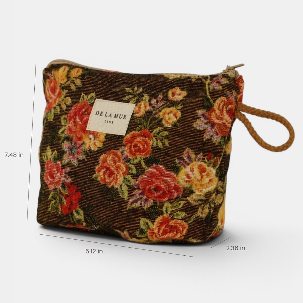 Dark brown and red floral jacquard small makeup bag with height, width and depth marked