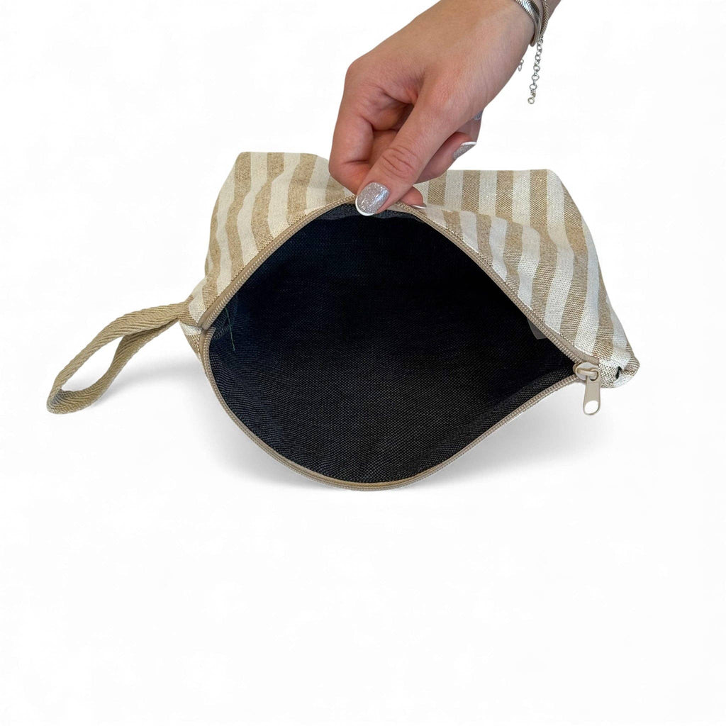 Striped Large Makeup Bag – Beige & Gold